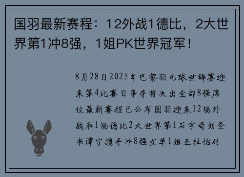 国羽最新赛程：12外战1德比，2大世界第1冲8强，1姐PK世界冠军！